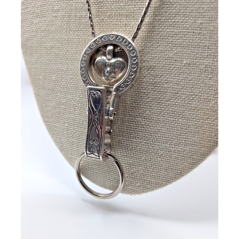 BRIGHTON Heart & Crystal Badge Clip Lanyard Necklace Silver J43380 $68 msrp NICE